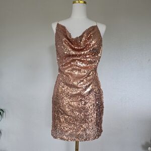 Fashion Nova Rose Gold Sequin Mini Dress Cowl Neck Open Back Party Club Glam XL